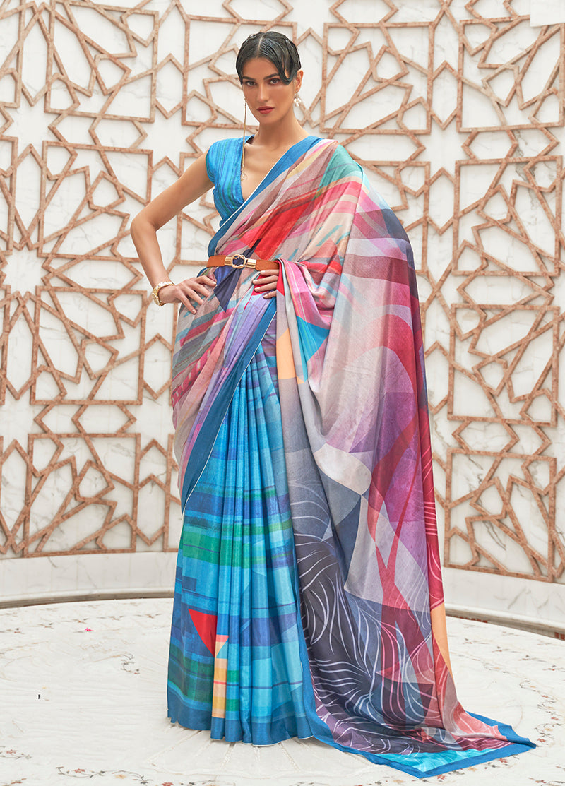 Multi Satin Crepe Saree with Contemporary Prints