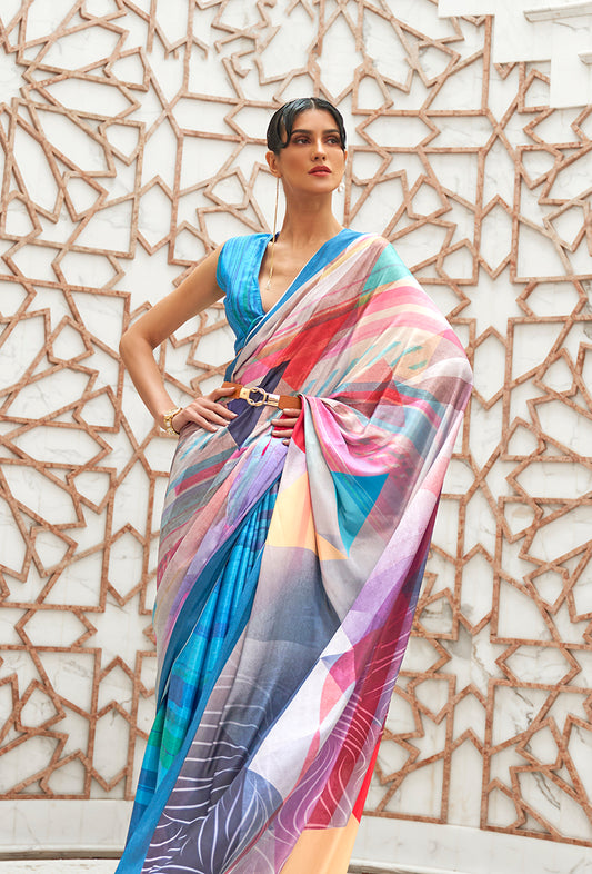 Multi Satin Crepe Saree with Contemporary Prints