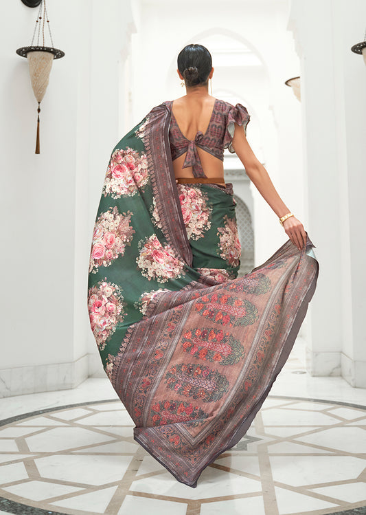 Dark Green Satin Crepe Saree with Contemporary Prints