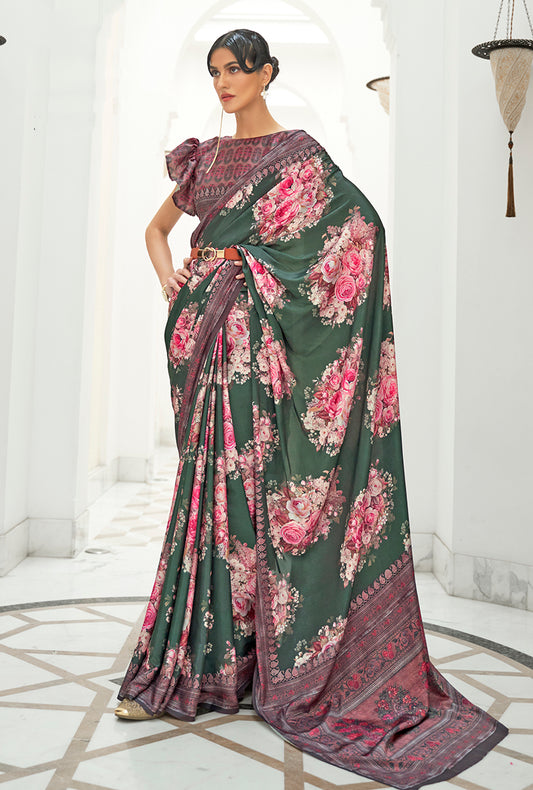 Dark Green Satin Crepe Saree with Contemporary Prints