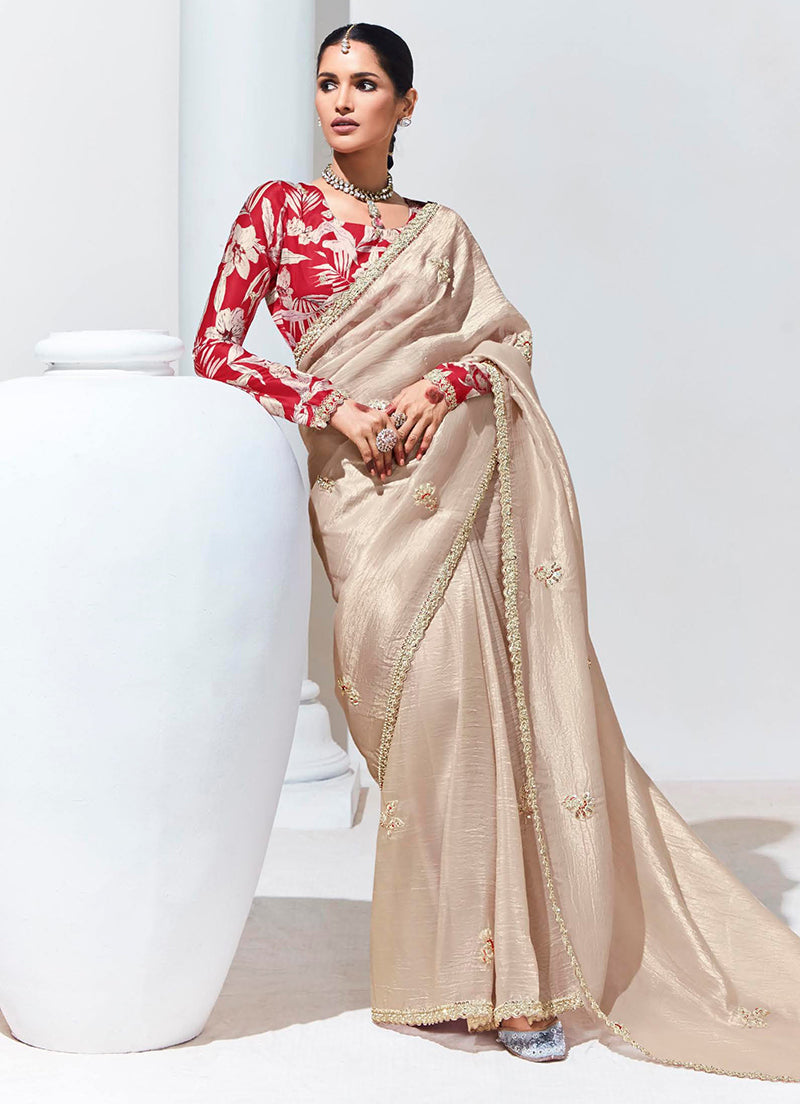 Cream Organza Silk Saree With Delicate Embroidery Work