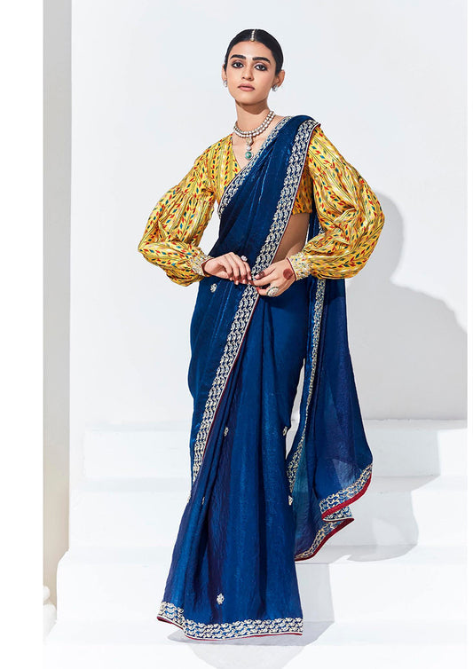 Dark Blue Organza Silk Saree With Delicate Embroidery Work