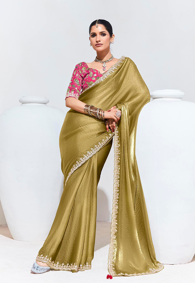 Olive Organza Silk Saree With Delicate Embroidery Work