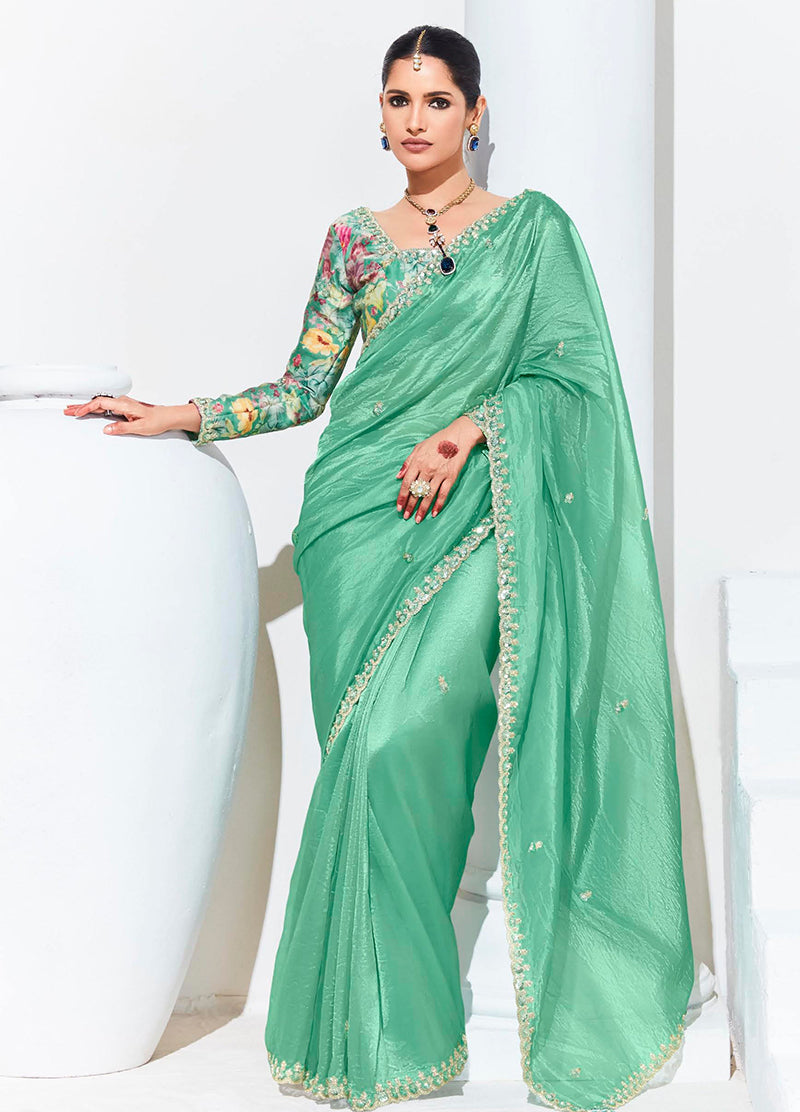 Turquoise Organza Silk Saree With Delicate Embroidery Work