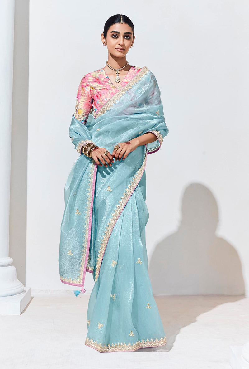 Sky Blue Organza Silk Saree With Delicate Embroidery Work