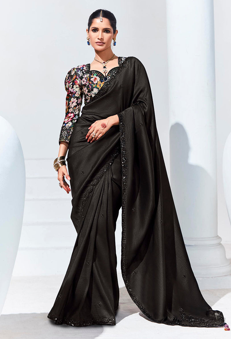 Black Organza Silk Saree With Delicate Embroidery Work