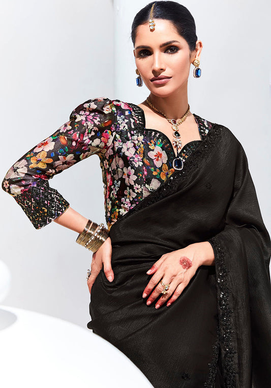 Black Organza Silk Saree With Delicate Embroidery Work