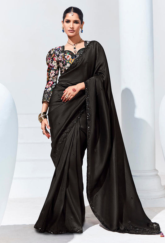 Black Organza Silk Saree With Delicate Embroidery Work