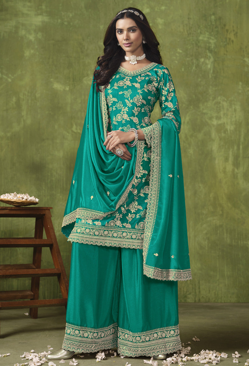 Dark Cyan Dola Silk Embroidered Designer Salwar Kameez
