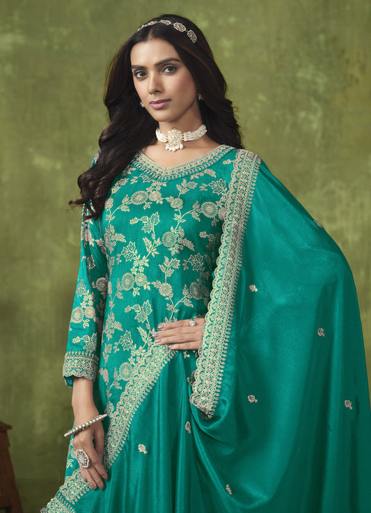 Dark Cyan Dola Silk Embroidered Designer Salwar Kameez - Monjolika Fashion