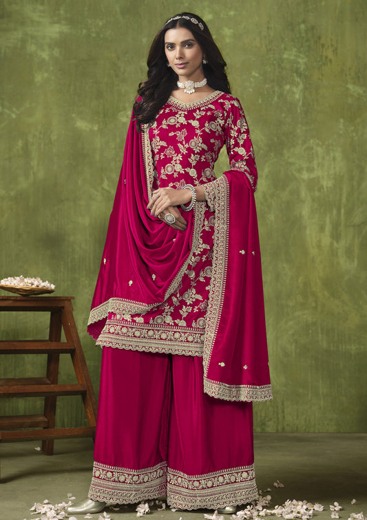 Dark Red Dola Silk Embroidered Designer Salwar Kameez - Monjolika Fashion
