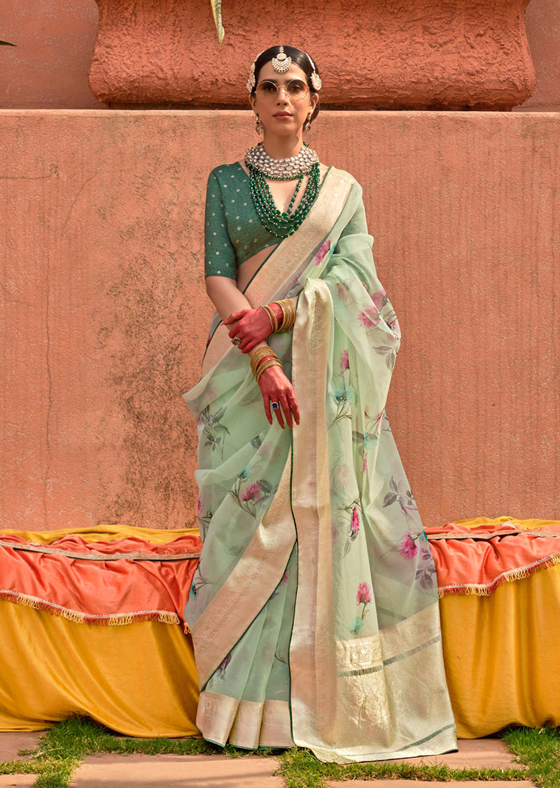 Sea Green Organza Digital Print Saree