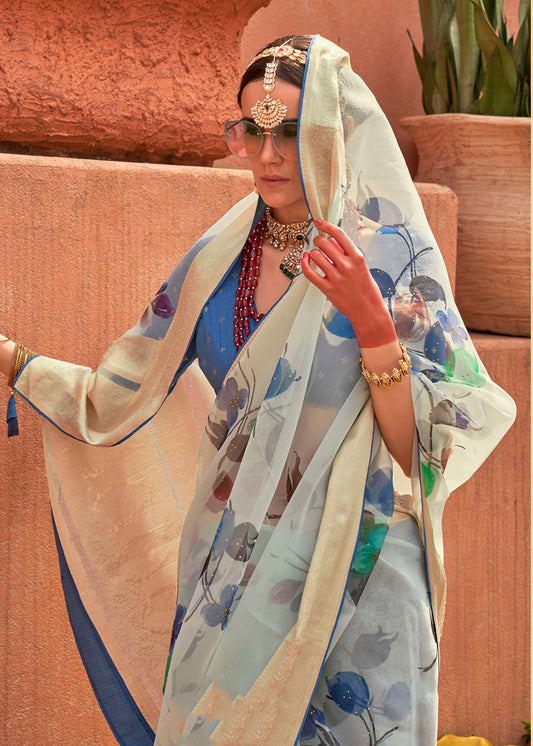 Aqua Blue Organza Digital Print Saree