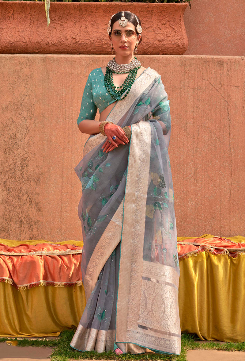 Slate Grey Organza Digital Print Saree