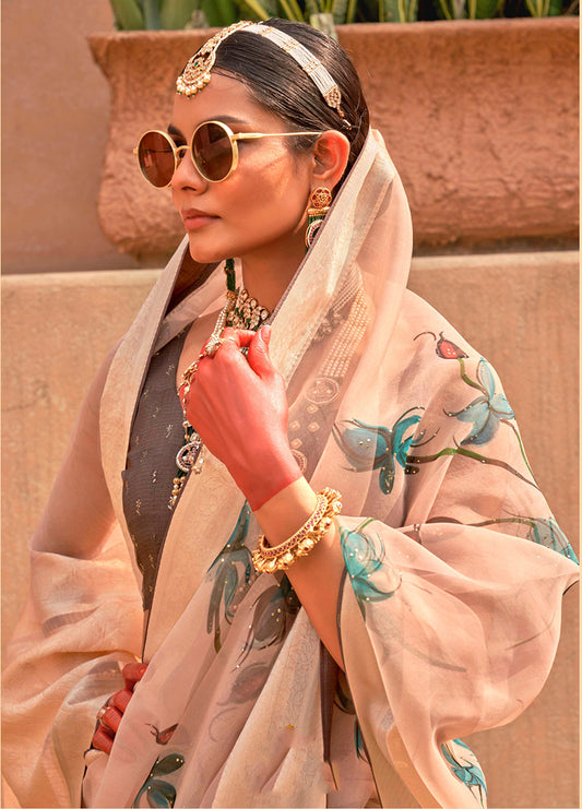 Cream Organza Digital Print Saree