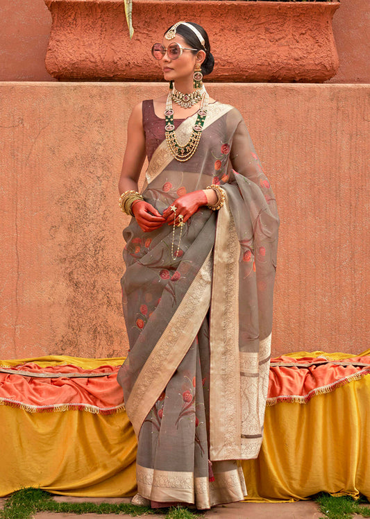Grey Organza Digital Print Saree