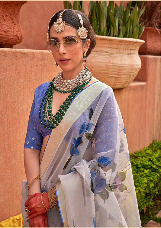 Aqua Blue Organza Digital Print Saree