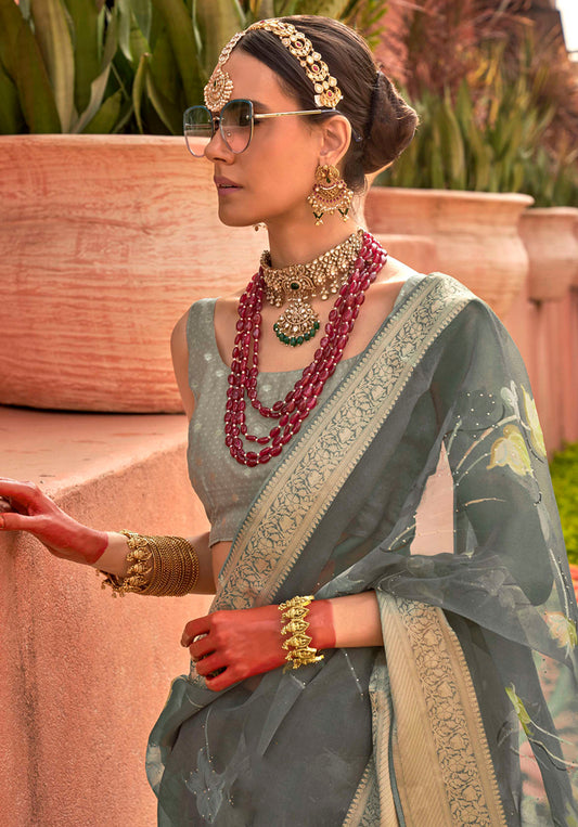 Grey Organza Digital Print Saree
