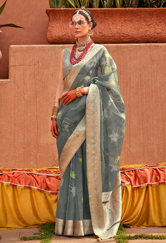 Grey Organza Digital Print Saree