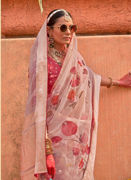 Light Pink Organza Digital Print Saree