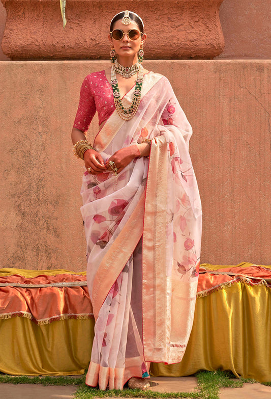 Light Pink Organza Digital Print Saree