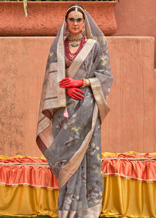 Grey Organza Digital Print Saree