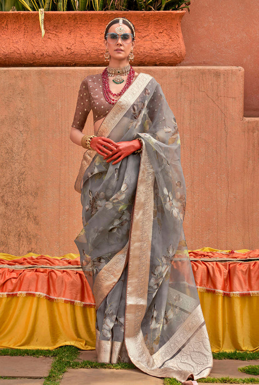 Grey Organza Digital Print Saree
