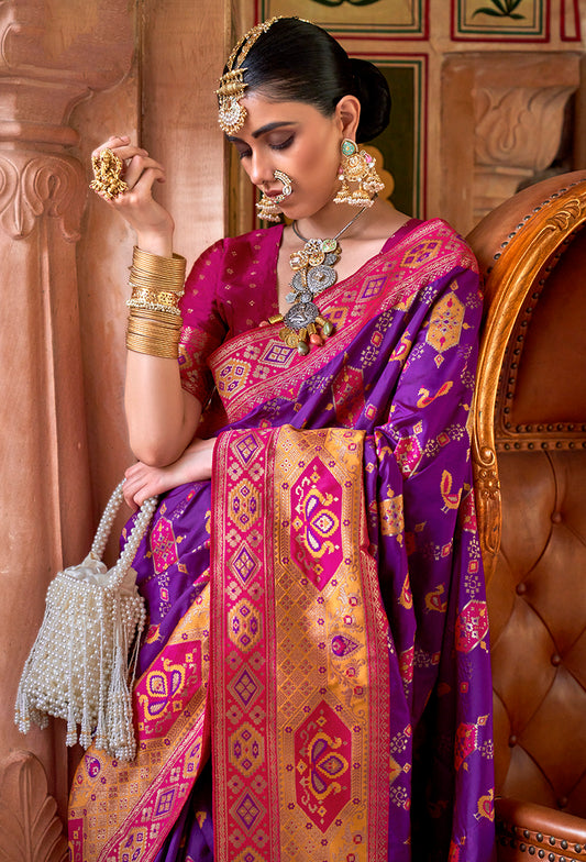 Dark Purple Banarasi Silk Patola Zari Weaving Saree