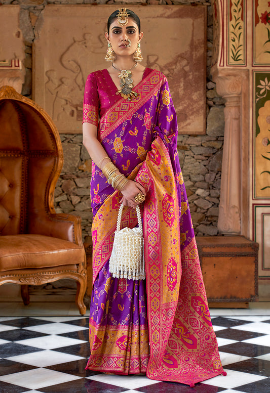 Dark Purple Banarasi Silk Patola Zari Weaving Saree