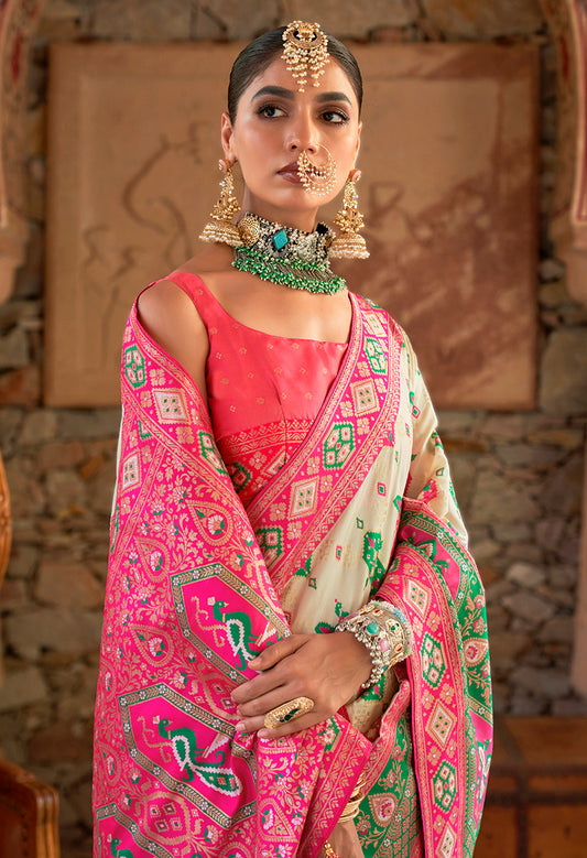 Off-White Banarasi Silk Patola Zari Weaving Saree