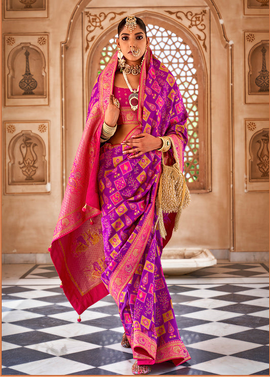 Dark Purple Banarasi Silk Patola Zari Weaving Saree