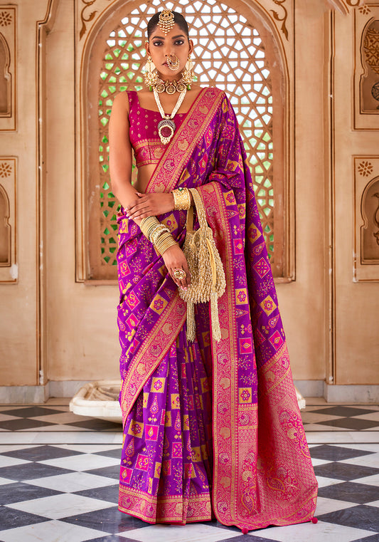 Dark Purple Banarasi Silk Patola Zari Weaving Saree