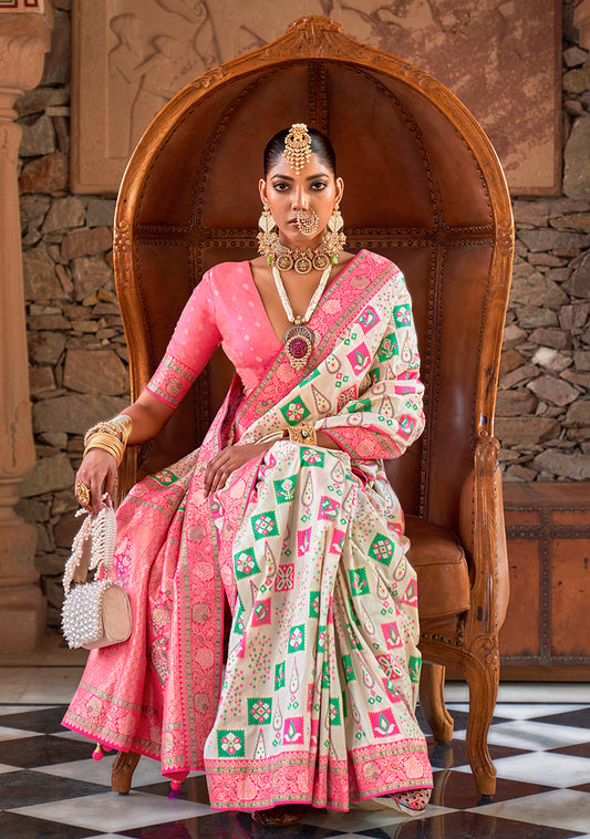 Cream Banarasi Silk Patola Zari Weaving Saree