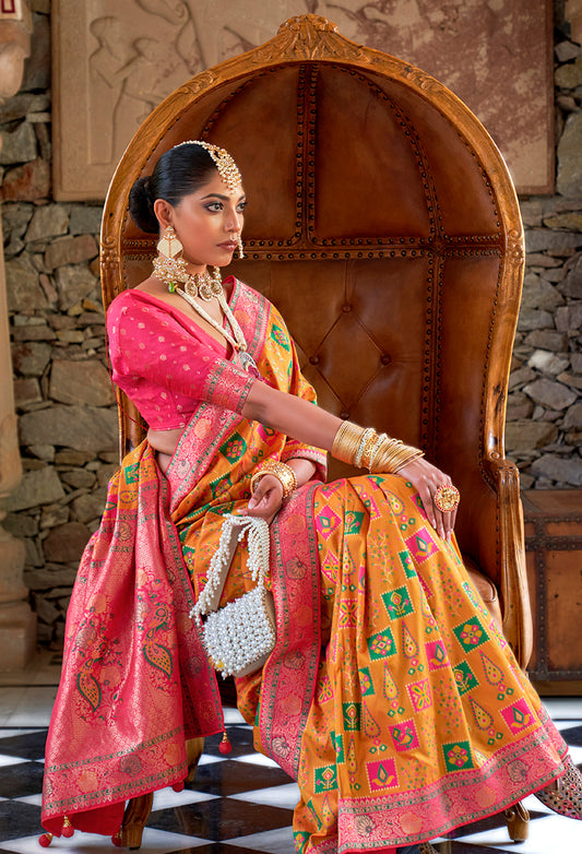 Orange Banarasi Silk Patola Zari Weaving Saree
