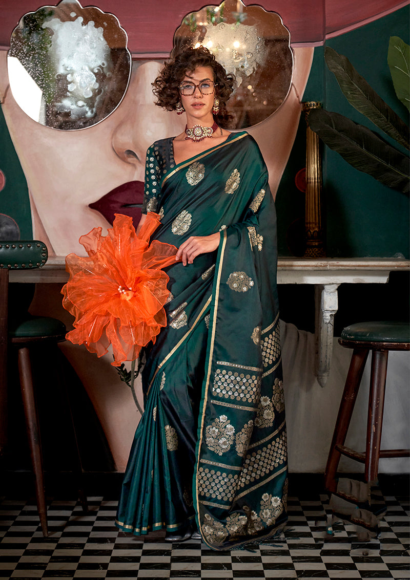 Dark Green Satin Silk Saree with Intricate Zari Work