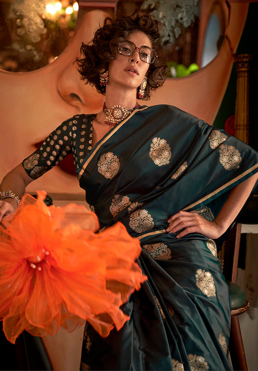 Dark Green Satin Silk Saree with Intricate Zari Work