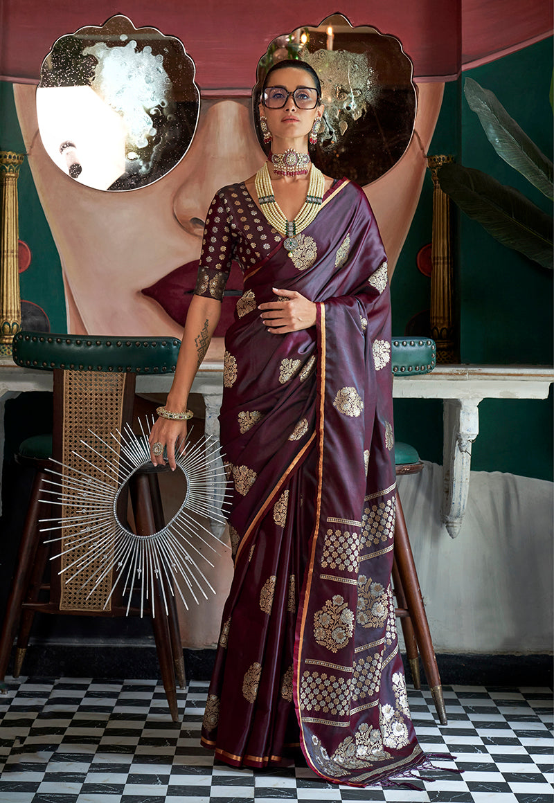 Wine Satin Silk Saree with Intricate Zari Work