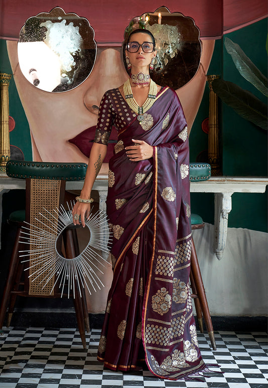 Wine Satin Silk Saree with Intricate Zari Work