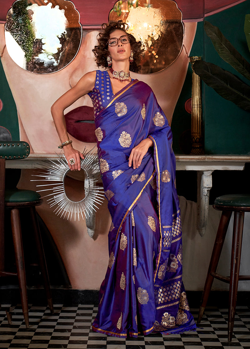 Violet Satin Silk Saree with Intricate Zari Work