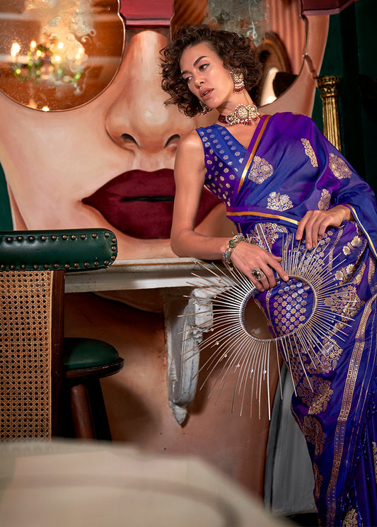 Violet Satin Silk Saree with Intricate Zari Work