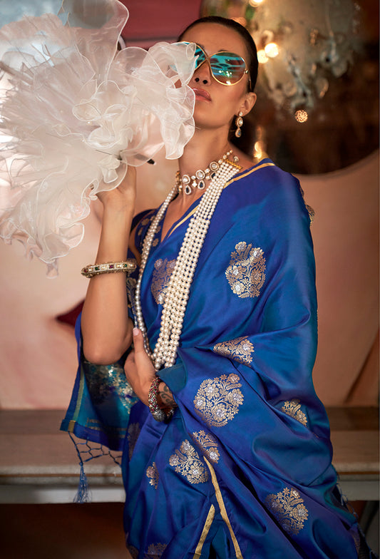 Blue Satin Silk Saree with Intricate Zari Work