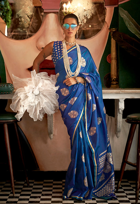 Blue Satin Silk Saree with Intricate Zari Work