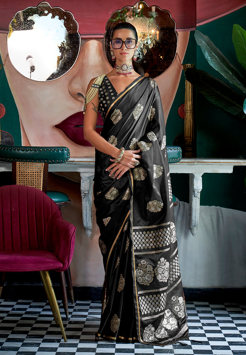 Black Satin Silk Saree with Intricate Zari Work