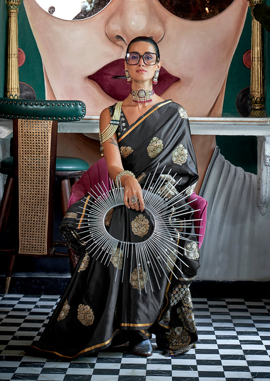 Black Satin Silk Saree with Intricate Zari Work