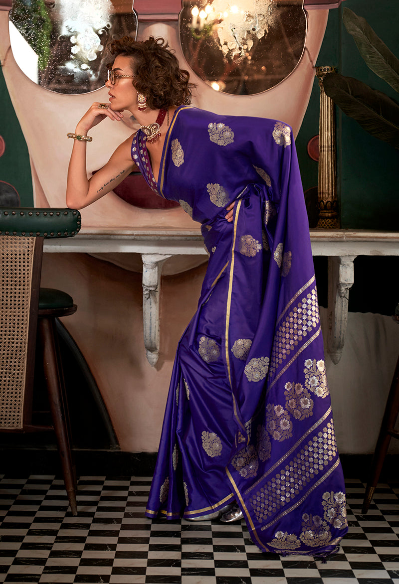 Purple Satin Silk Saree with Intricate Zari Work