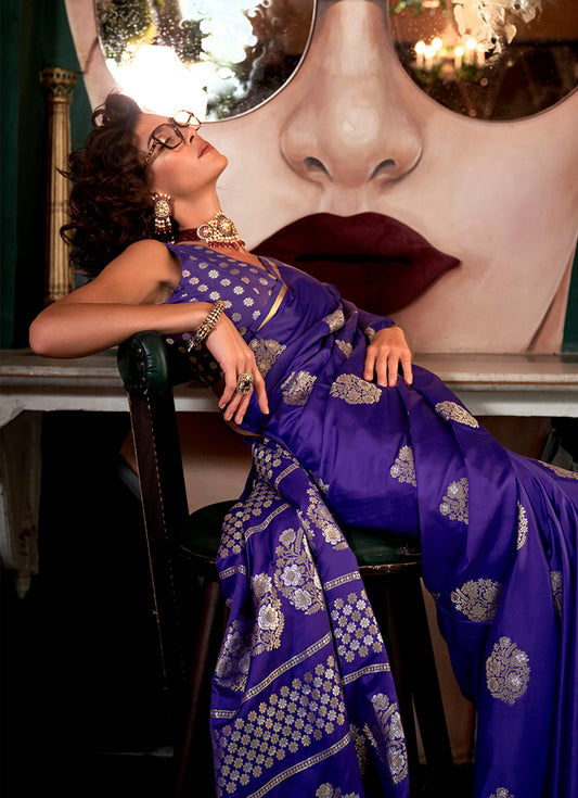 Purple Satin Silk Saree with Intricate Zari Work