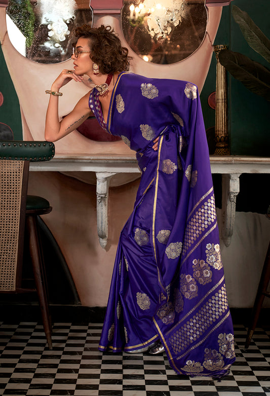 Purple Satin Silk Saree with Intricate Zari Work