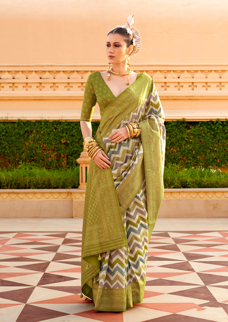 Olive Green Silk Foil Print Saree