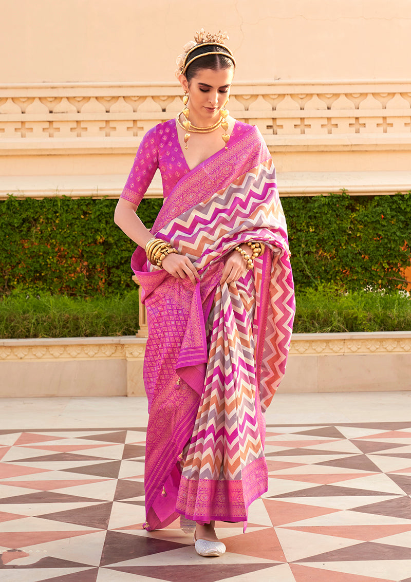 Magenta Silk Foil Print Saree