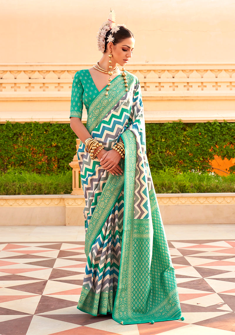 Turquoise Silk Foil Print Saree